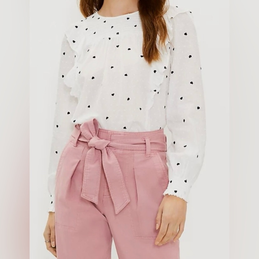 LOFT White Blouse with Black Heart Pattern - Size Large Petite | BNWT